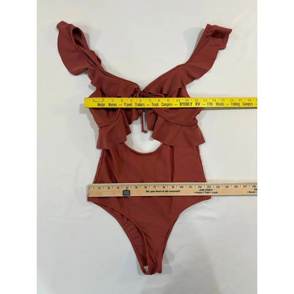 Terra Cotta Ruffled Cut Out High Cut One Piece Swimsuit Size Small